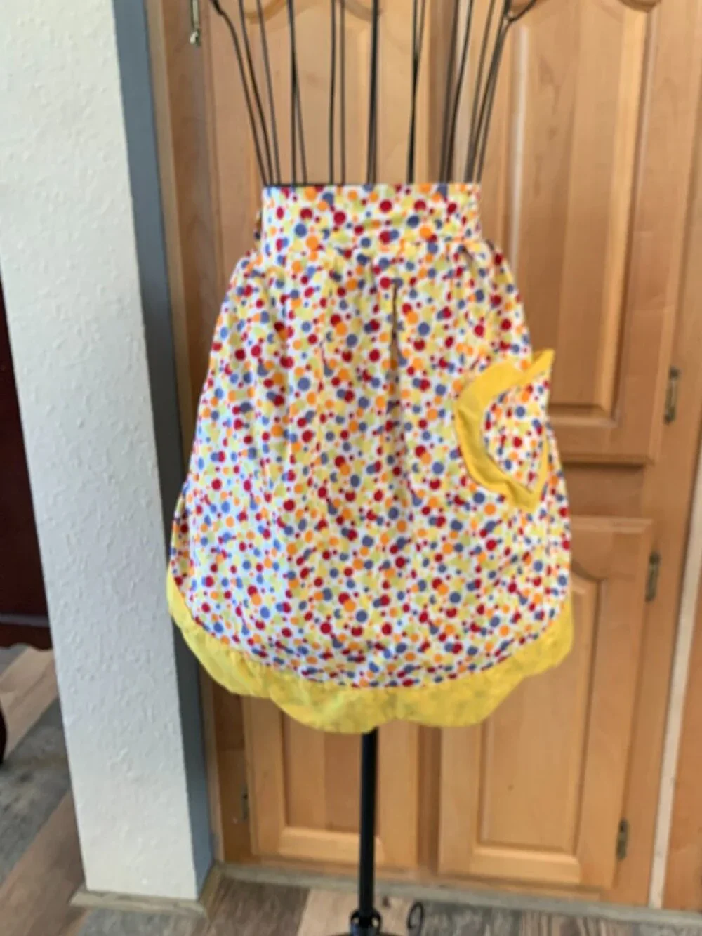 Handmade Polka Dot Waist Apron with Yellow Trim and Heart Shaped Pocket